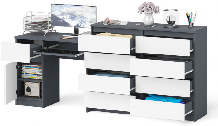 Мори Стол компьютерный МС-1 левый + Комод МК1200.8, цвет графит/белый, ШхГхВ 210,4х50х94 см., выдвижной ящик слева, НЕ универсальная сборка