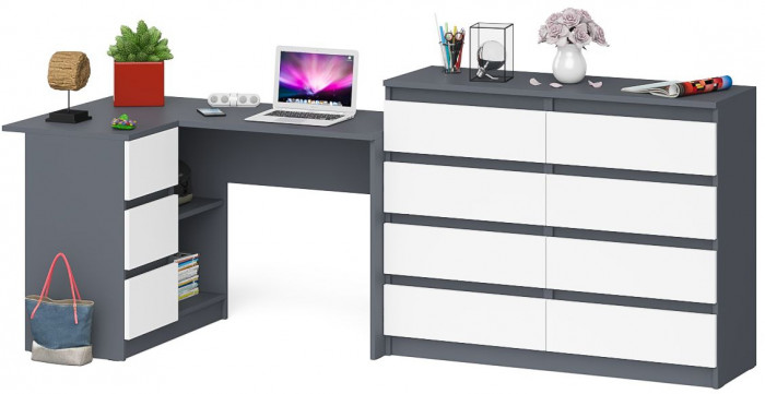 Мори Стол компьютерный МС-16 левый + Комод МК1200.8, цвет графит/белый, ШхГхВ 244,8х84,9х94 см., выдвижные ящики слева, НЕ универсальная сборка
