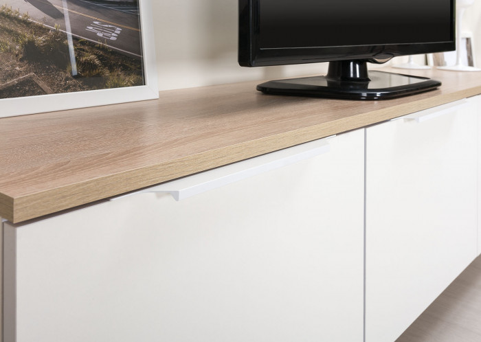 КР100 Тумба под ТВ 13.267.01 + 13.267.01, цвет белый шагрень/дуб сонома, ШхГхВ 276,8х34,9х43,8 см., универсальная сборка