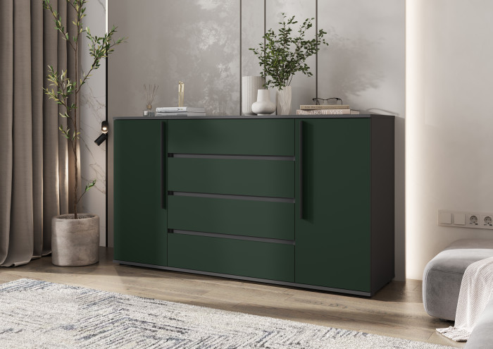 Норд Комод 2 двери 4 ящика 1600, Графит/Изумрудный