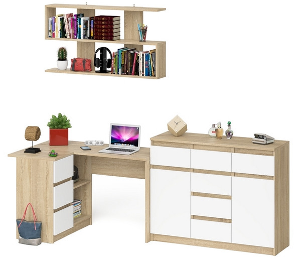 Мори компьютерный стол МС-16 левый + Комод МК1200.4 + Полка 1200, дуб сонома/белый