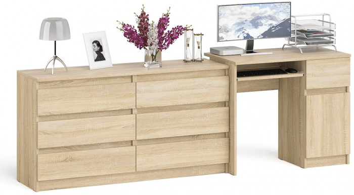 Мори Стол компьютерный МС-1 правый + Комод МК1380.6, цвет дуб сонома, ШхГхВ 228х50х76,6 см., выдвижной ящик справа, НЕ универсальная сборка