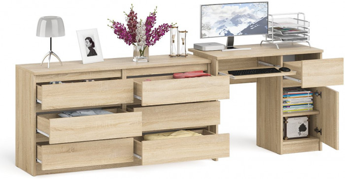 Мори Стол компьютерный МС-1 правый + Комод МК1380.6, цвет дуб сонома, ШхГхВ 228х50х76,6 см., выдвижной ящик справа, НЕ универсальная сборка