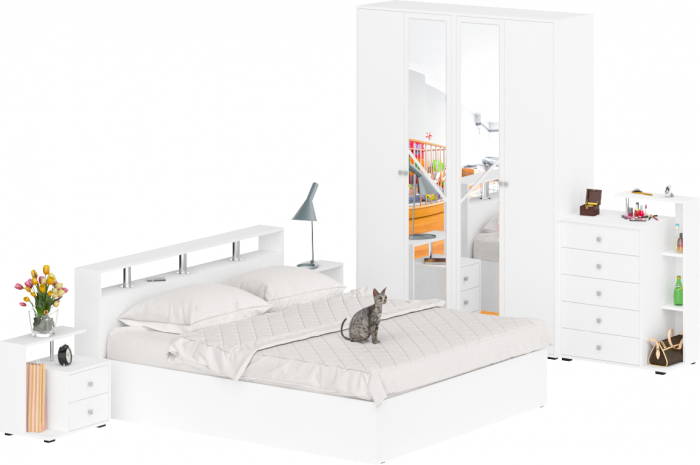 Камелия спальня № 4 Кровать 1800 + Две тумбы + Комод + Шкаф 4-х створчатый, белый