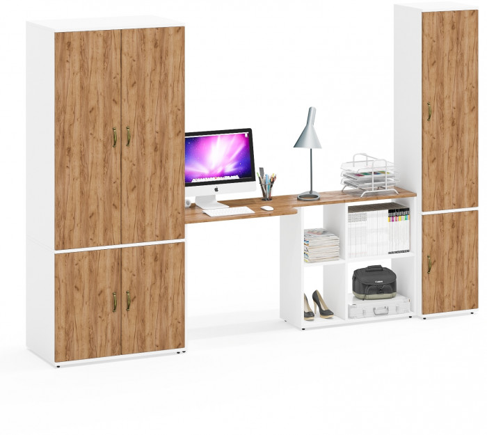 Лидер-8 Шкаф МД 19Б + Стол + Пенал 22Б, белый шагрень/крафт золото