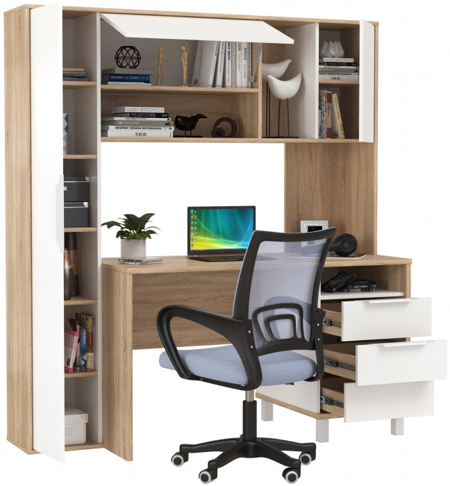 Стол компьютерный Комфорт 12.95N + кресло 103 серое, цвет дуб сонома/белый, ШхГхВ 162х60,3х180 см., НЕ универсальная сборка