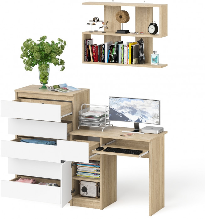 Мори Стол компьютерный МС-1 левый + Комод МК700.5 + Полка 900, цвет дуб сонома/белый, ШхГхВ 160,4х50х209,6 см., НЕ универсальная сборка