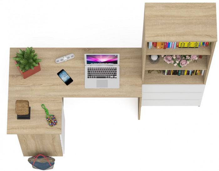 Мори Стол компьютерный МС-16 левый + Стеллаж МСТ600.3, цвет дуб сонома/белый, ШхГхВ 184,8х84,9х179,6 см., выдвижные ящики слев, НЕ универс. сборкаа