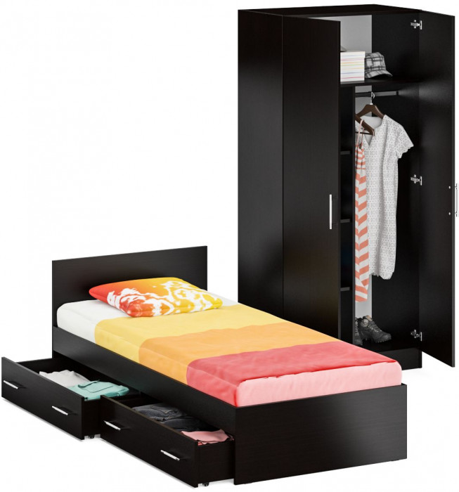 Кровать с ящиками 0900 + Шкаф 2-х створчатый Стандарт, венге