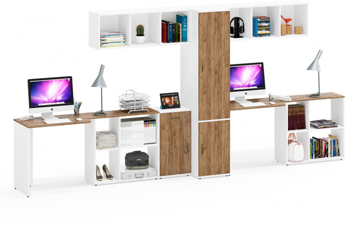 Лидер-8 Стол + Полка + Стол + Полка + Пенал МД 23Б + Тумба МД 3.15, цвет белый шагрень/крафт золото, 410х50х75/190 или 230х160/50х75/190, НЕ ун. сб.