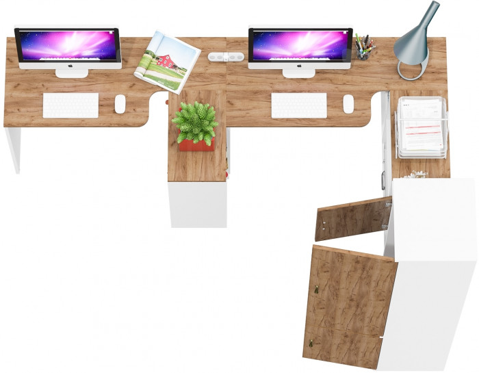 Лидер-8 Стол + Стол + Пенал МД 21Б + Тумба МД 3.19, цвет белый шагрень/крафт золото, ШхГхВ 410х50/37,5х75/190 или 230х160/50х75/190 см., НЕ ун. сб.