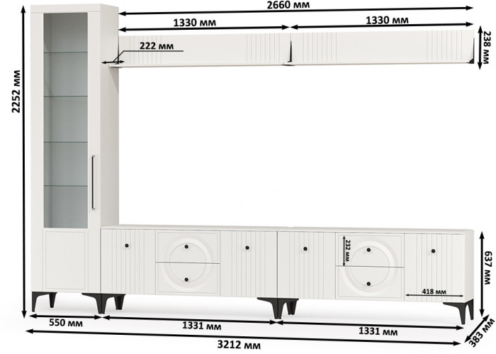 Валенсия Гостиная № 080, цвет ЛДСП белый шагрень/МДФ белый шагрень, ШхГхВ 321,2х38,3х225,2 см., универсальная сборка