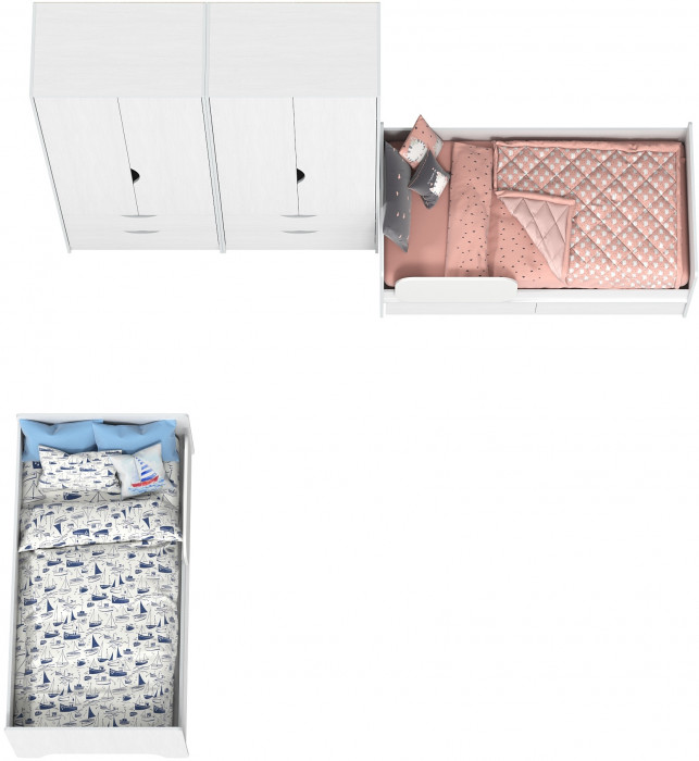 КР100 Уна 11.22 Две кровати с ящиками + 13.327 Два шкафа для одежды, цвет белый(структура Поры дерева), сп. м. 2х800х1600 мм., б/м, основание есть