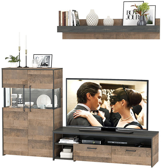 Трувор 13.70 Тумба под ТВ + 13.306 Комод с витриной + 15.60 Полка, цвет дуб гранж песочный/интра, ШхГхВ 235,6х45,4х195 см., универсальная сборка