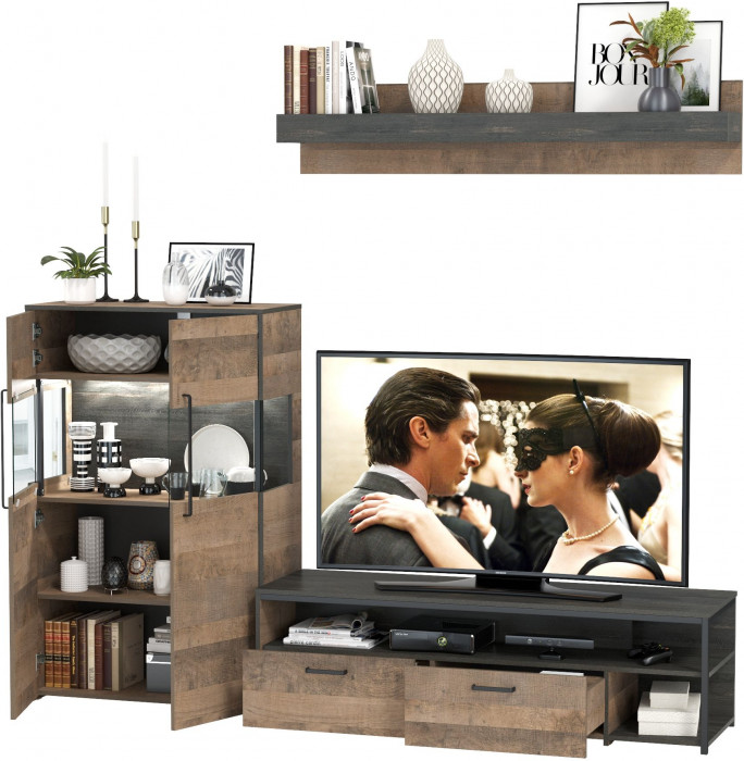 Трувор 13.70 Тумба под ТВ + 13.306 Комод с витриной + 15.60 Полка, цвет дуб гранж песочный/интра, ШхГхВ 235,6х45,4х195 см., универсальная сборка