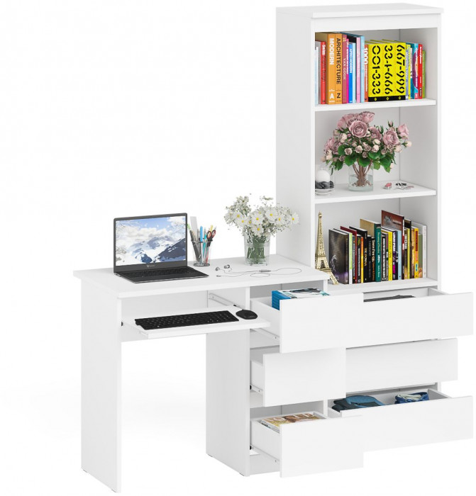 Мори Стол компьютерный МС-6 правый + Стеллаж МСТ600.3, цвет белый, ШхГхВ 150,4х50х179,6 см., выдвижные ящики справа, НЕ универсальная сборка