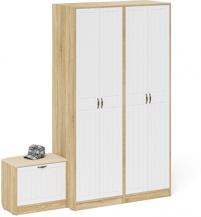 Прихожая П-6 Компоновка № 07, цвет дуб сонома/фасады МДФ белое дерево фрезеровка прованс, ШхГхВ 180х50х210 см., универсальная сборка