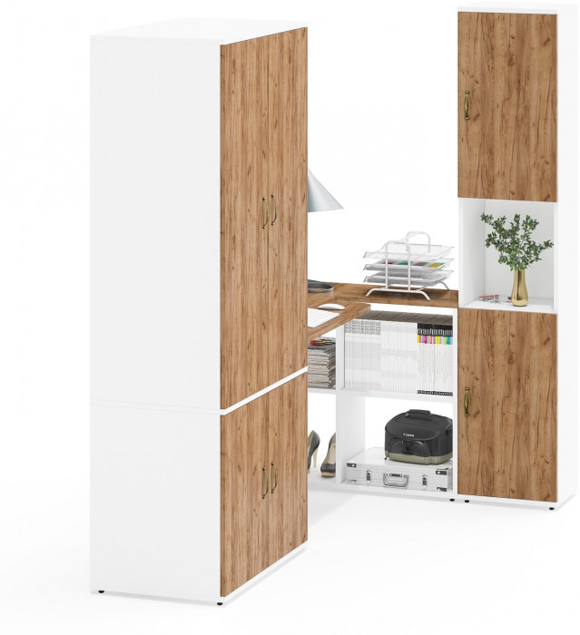 Лидер-8 Шкаф МД 19Б + Стол + Пенал, белый шагрень/крафт золото