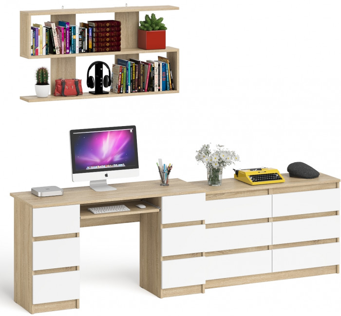 Мори компьютерный стол МС-2 + Комод МК1200.6 + Полка 1200, дуб сонома/белый