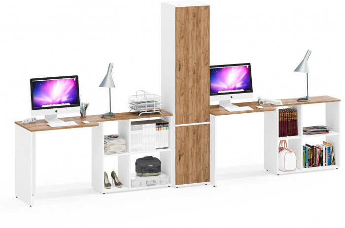 Лидер-8 Стол + Стол + Пенал МД 21Б, цвет белый шагрень/крафт золото, ШхГхВ 370х50/37,5х75/190 или 230х120/50х75/190 см., НЕ универсальная сборка