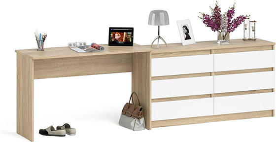 Мори Стол письменный МСП1200.1 + Комод МК1380.6, цвет дуб сонома/белый, ШхГхВ 258,4х50х76,6 см., универсальная сборка
