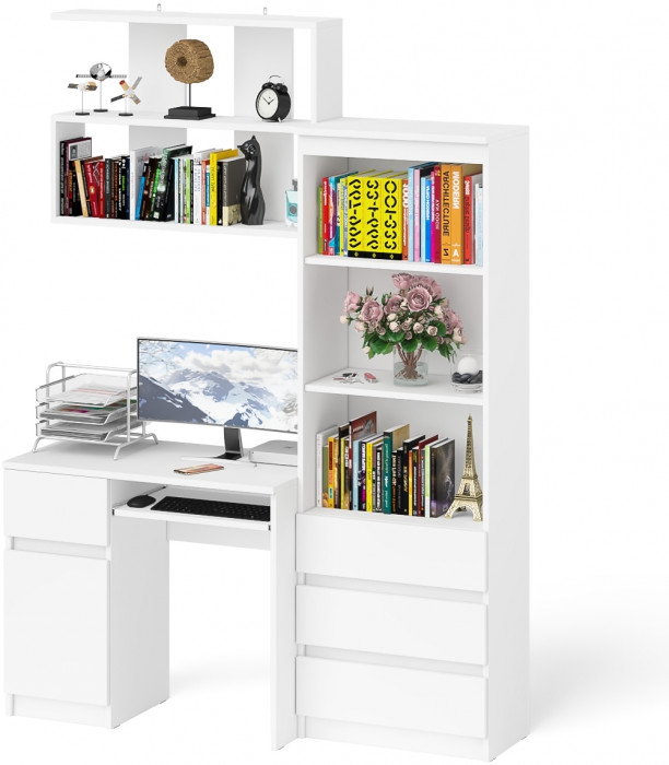 Мори компьютерный стол МС-1 левый + Стеллаж МСТ600.3 + Полка 900, белый