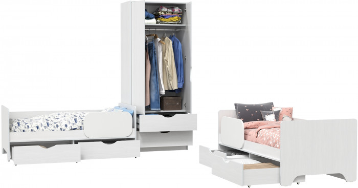 КР100 Уна 11.22 Две кровати с ящиками + 13.327 Шкаф для одежды, цвет белый(структура Поры дерева), сп. м. 2х800х1600 мм., б/м, основание есть