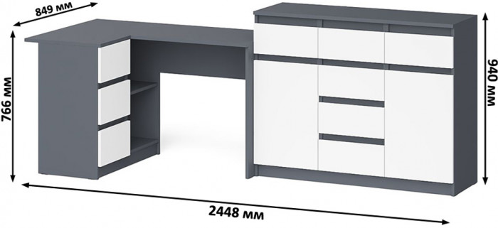 Мори компьютерный стол МС-16 левый + Комод МК1200.4, графит/белый