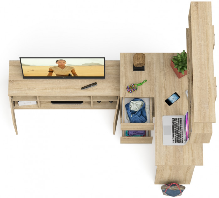 Мори компьютерный стол МС-16 левый + Тумба МТВ1200.1 + Полка 1200, дуб сонома