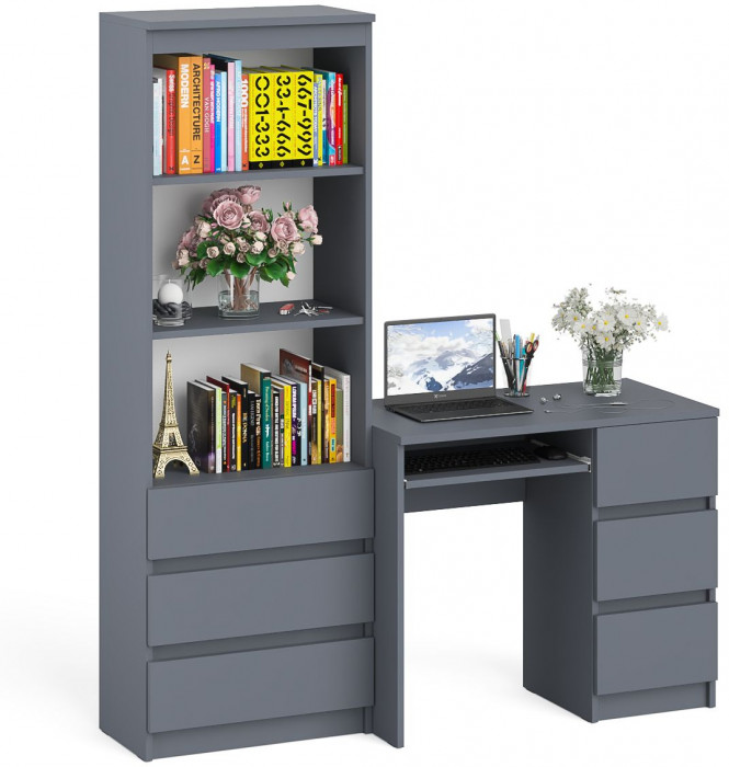 Мори Стол компьютерный МС-6 правый + Стеллаж МСТ600.3, цвет графит, ШхГхВ 150,4х50х179,6 см., выдвижные ящики справа, НЕ универсальная сборка