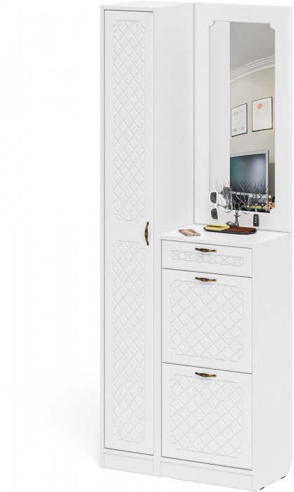 Прихожая П-6 Компоновка № 23, белая шагрень/фасады МДФ белое дерево фрезеровка ромб