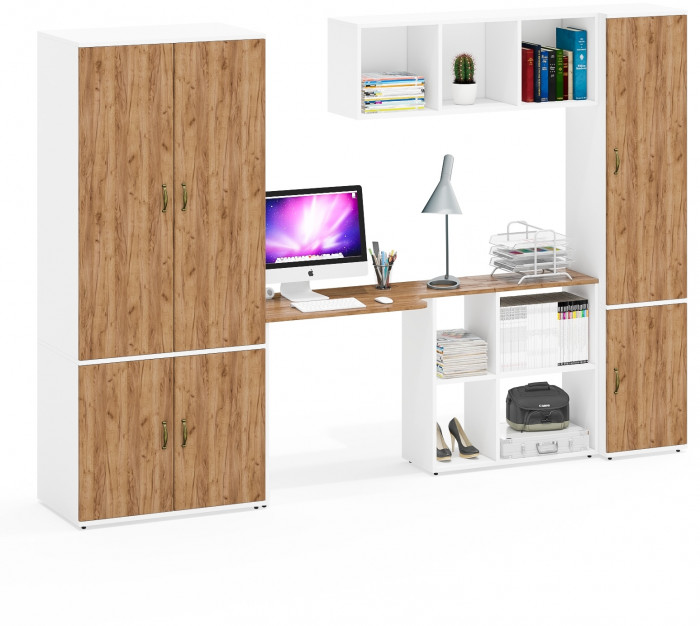 Лидер-8 Шкаф МД 19Б + Стол + Полка + Пенал 21Б, белый шагрень/крафт золото