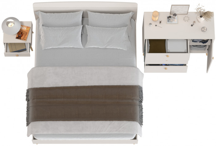 Афина Спальня Кровать 1600 + Комод + Тумба, цвет кашемир серый, ШхГхВ 164,6х210,2х95,6 + 110х45,3х83 + 45х37х45 см., 1600х2000 мм., б/м, осн. есть