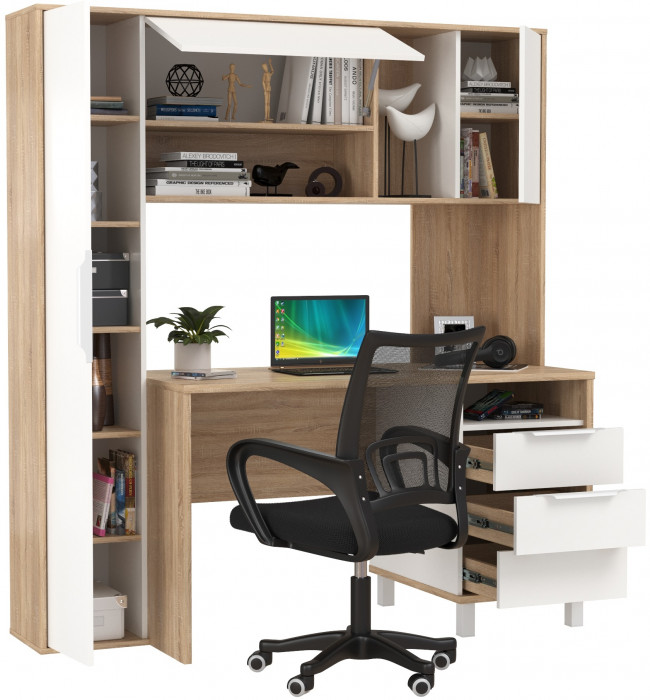 Стол компьютерный Комфорт 12.95N + кресло 103 чёрное, цвет дуб сонома/белый, ШхГхВ 162х60,3х180 см., НЕ универсальная сборка