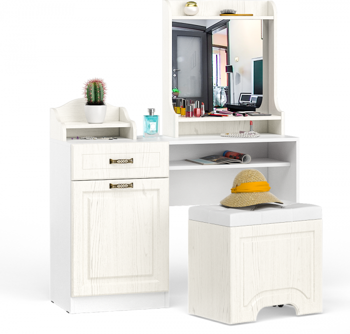 Ливерпуль Стол туалетный 12.46 + Полка 10.118 + Полка 10.117 + Пуф 14.02, цвет ясень ваниль/белый, НЕ универсальная сборка