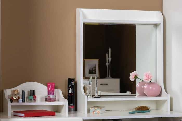 Ливерпуль Стол туалетный 12.46 + Полка 10.118 + Полка 10.117 + Пуф 14.02, цвет ясень ваниль/белый, НЕ универсальная сборка