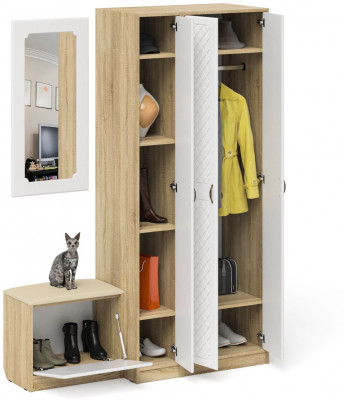 Прихожая П-6 Компоновка № 46, цвет дуб сонома/фасады МДФ белое дерево фрезеровка ромб, ШхГхВ 150х50х210 см., универсальная сборка