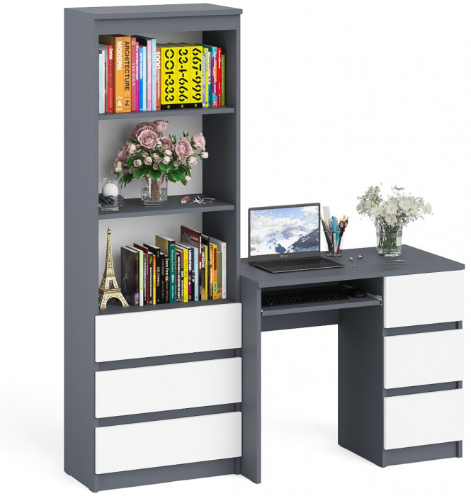 Мори Стол компьютерный МС-6 правый + Стеллаж МСТ600.3, цвет графит/белый, ШхГхВ 150,4х50х179,6 см., выдвижные ящики справа, НЕ универсальная сборка