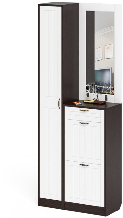 Прихожая П-6 Компоновка № 23, венге/фасады МДФ белое дерево фрезеровка прованс