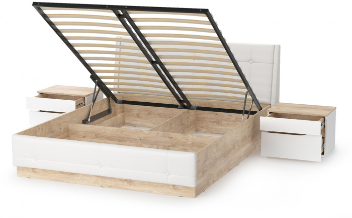 Муссон Кровать 11.28 + подъёмный ортопед + 2 х Тумба 16.03, цвет белый/дуб эндгрейн элегантный/кожзам белый/, сп. м. 1600х2000 мм., б/м
