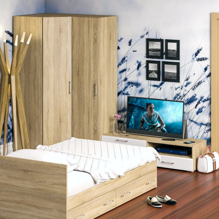 Спальня Стандарт 4-1200Я, дуб сонома/фасады ТВ тумбы МДФ белый глянец