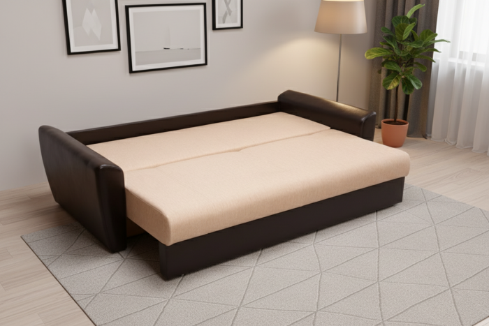 Диван-еврокнижка Амстердам, 160х195, пружинный блок, рогожка/экокожа, коричнево-бежевый