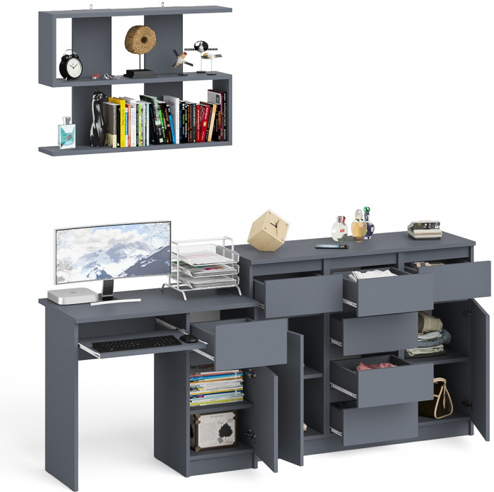 Мори компьютерный стол МС-1 правый + Комод МК1200.4 + Полка 900, графит